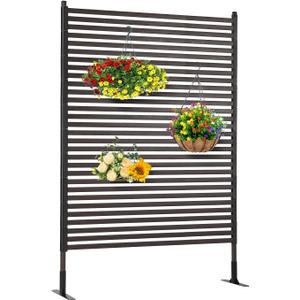Metal Outdoor Privacy Screen with Stand, 3.6 ft W x 6 ft H PE-Coating Steel Pipes and Slats Panels, Decoative Privacy Screen Fence Panels Freestanding for Outside Patio Garden Backyard, Brown