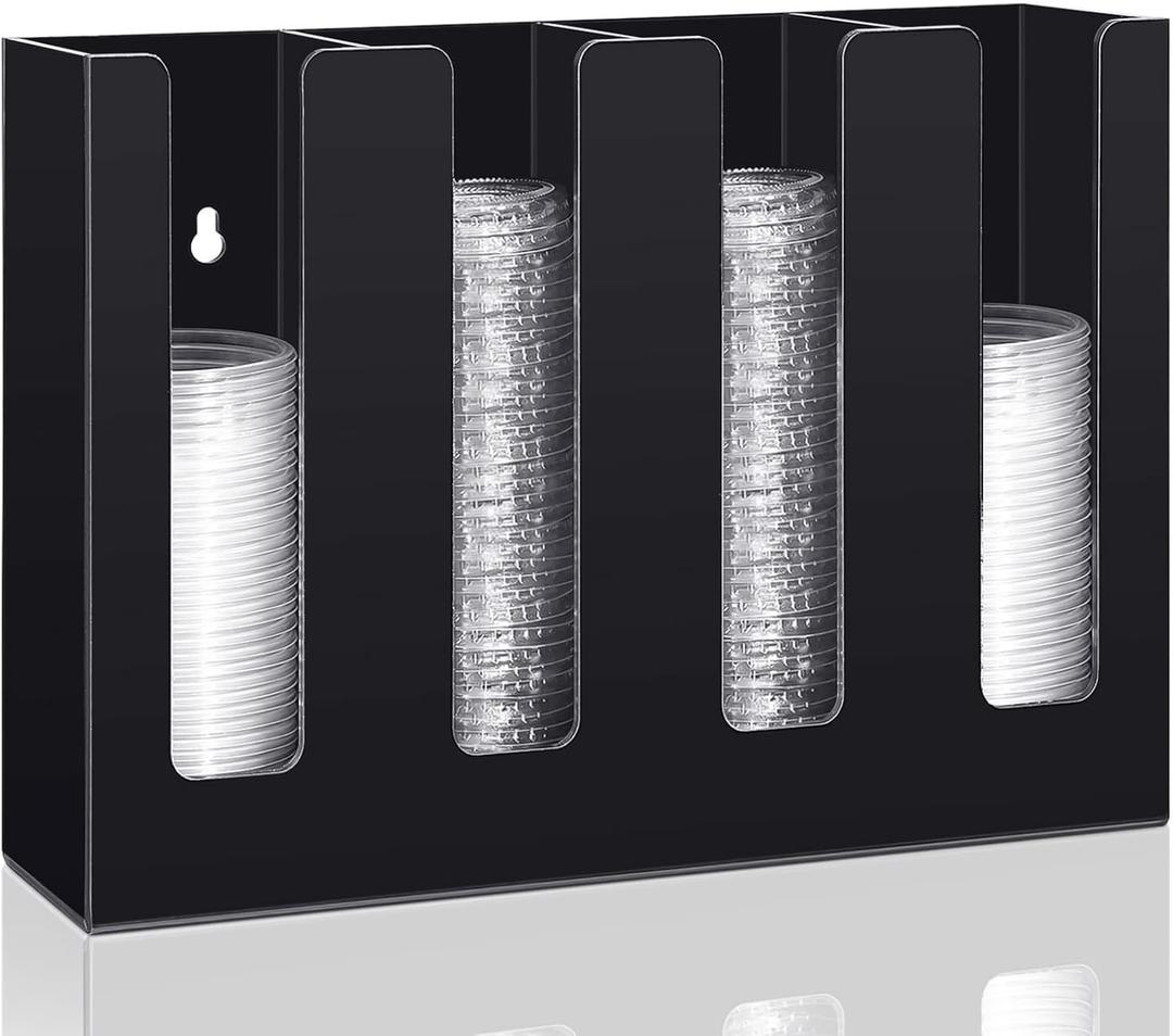Cunhill Cup Lid Organizer Acrylic Sauce Cup Dispenser 4 Compartments Countertop or Wall Mountplastic and Lids Organizer Storage Holder Restaurant Supplies for Party Kitchen(Black)