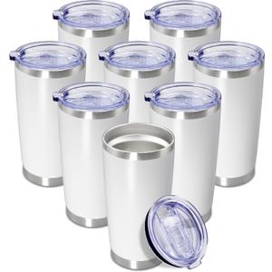 20 oz Tumbler Coffee Travel Tumblers Bulk with Lid Stainless Steel Double Wall Vacuum Insulated Mug Powder Coated Cups fit Car Cupholder for Hot and Cold - White, 7 Pack