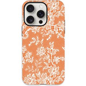 for iPhone 16 Pro Max Case, Cute Vintage Lace Flower Pattern Phone Case for Women Girls, Aesthetic Elegant Hybrid 2-Layer Hard Shell Protective Cover, Orange & White Floral Lace