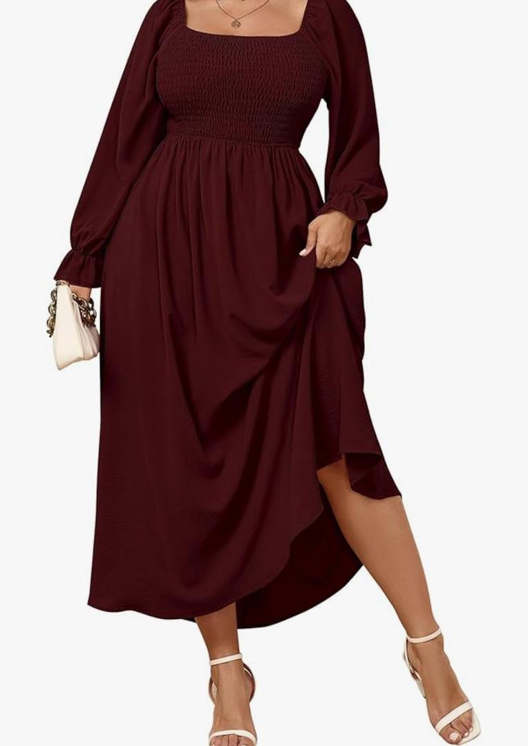 Women's Plus Size Maxi Dress Long Sleeve Square Neck Smocked Flowy A-Line Boho Wedding Party Maxi Dress 3XL