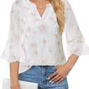 VALOLIA Womens 3/4 Sleeve Tops Dressy Casual Chiffon Blouses Floral Print V-Neck Work Office Shirts (M, Tangerine Embroidery)