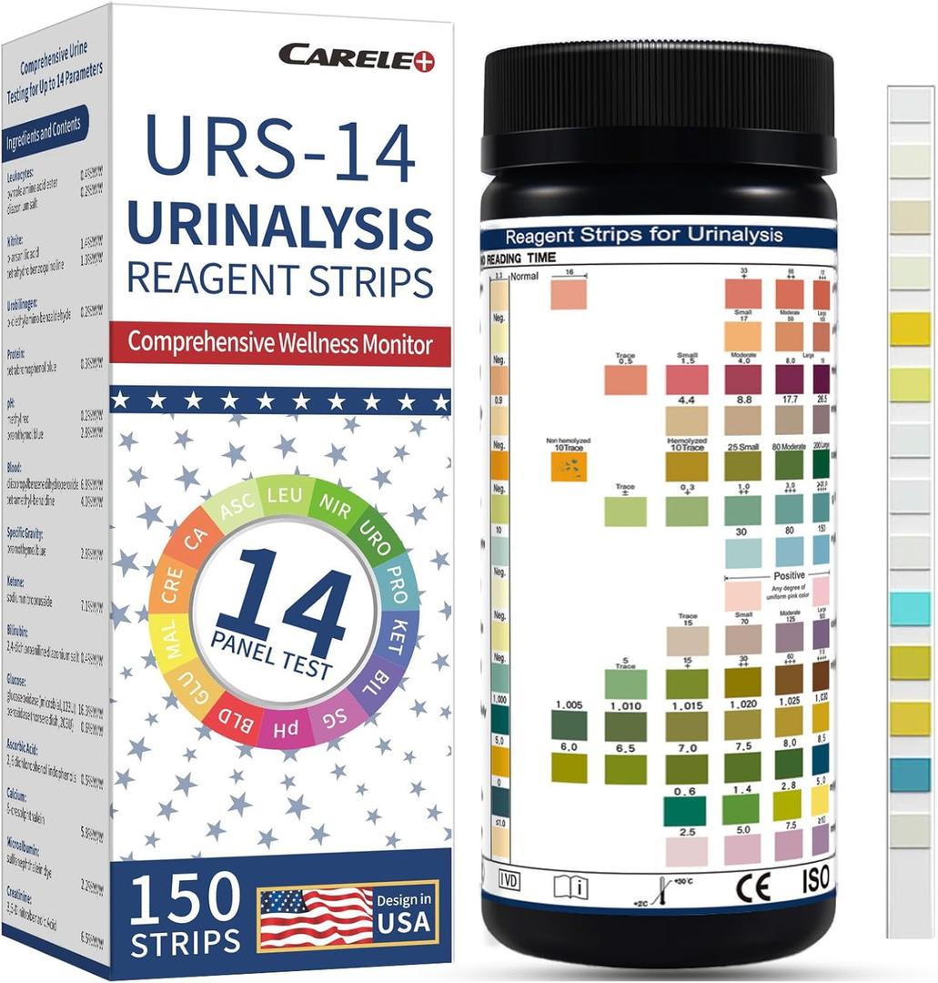 14 Parameters Urine Test Strips for Urinalysis | 150 Strips - Testing for Kidney, Liver, UTI, Keto Diet, Ketosis, PH, KET, Prot, SG, BIL, CRE, BLO, and +7 More