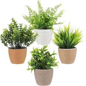 4 Pcs Small Woven Artificial Plants Boho Potted Fake Plants Mini Plastic Faux Eucalyptus 8.7" Greenery Indoor Farmhouse Bathroom Decor Pflanze Waterproof for Home Office Table Room Decor Gift