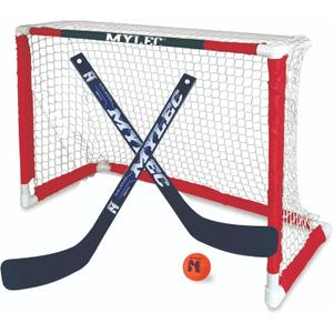 Mylec MINI Hockey Set - 1 x MINI PVC Hockey Goal (30.5" x 23"), 2 x Plastic MINI Player Sticks (Left and Right), 1 x Hockey Foam Ball, Lightweight, Sleeve Netting System (Red, 3 Pounds)