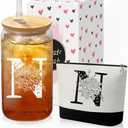 Custom Glass Cup & Makeup Bag Set - Personalized Gifts for Women, Initial 16 oz Glass Tumbler with Lid & Straw, Monogram Makeup Bag - Birthday Gifts For Women, Mother's Day Presents(N), Set of 2