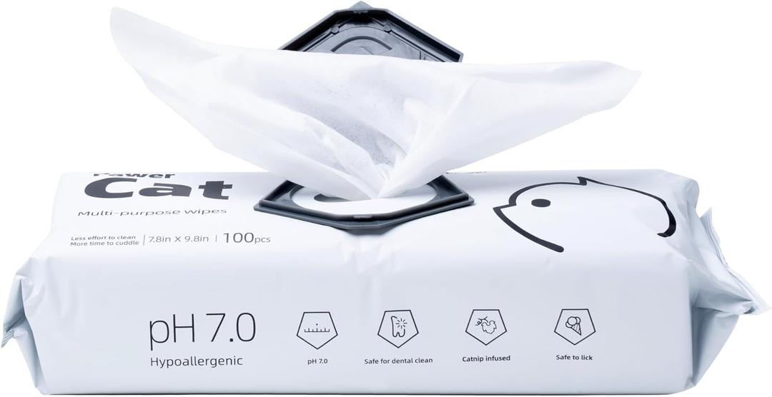 Cat Cleaning Wipes  Catnip-Infused, Fragrance-Free Grooming Wipes Made with Food-Grade Formula, Helps Reduce Plaque & Gently Clean Fur, Paws, & Teeth, 100 Count