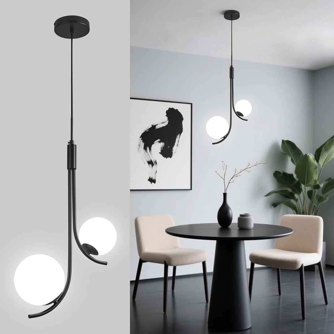 Modern Pendant Light Fixture Black Globe Pendant Lights Kitchen Island White Frosted Milk Glass Sputnik Chandelier Vintage for Kitchen, Office, Entryway (2-Light), 1-Pack