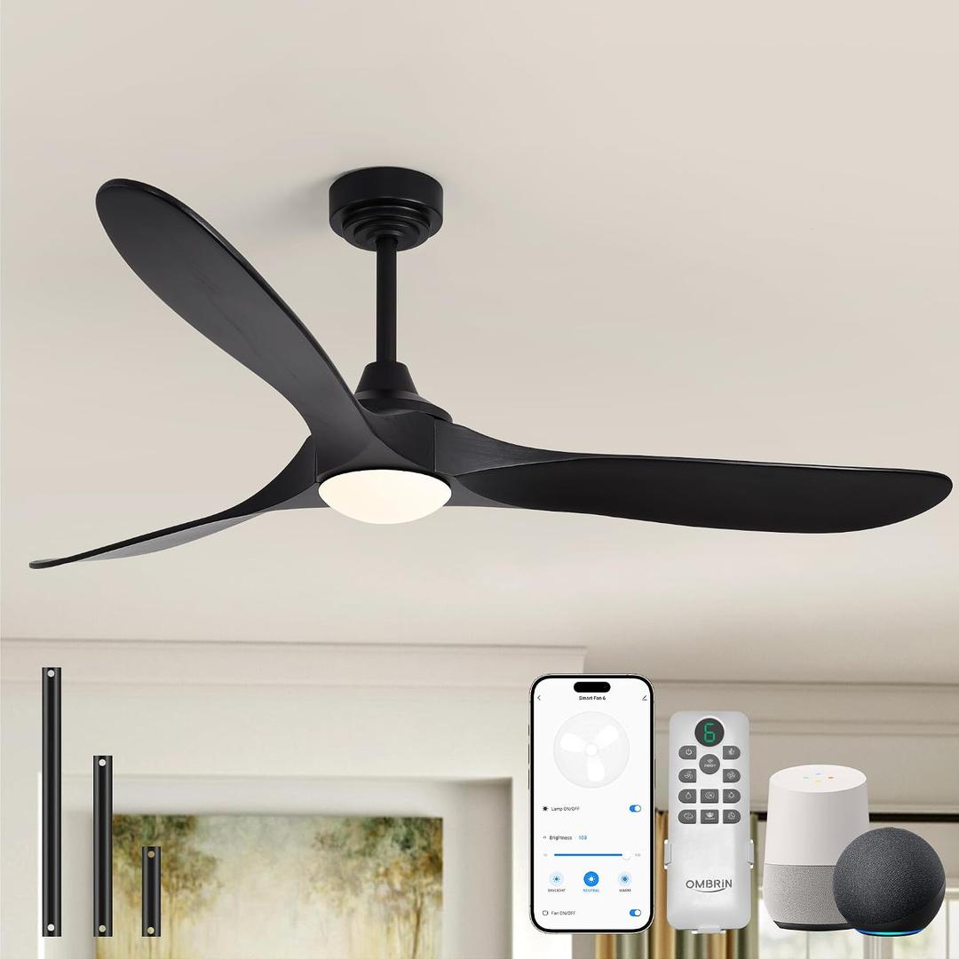 52 inch Outdoor Ceiling Fans with Lights,Smart Wood Ceiling Fan for Alexa,Google & APP Control,Indoor/Outdoor,3 Blades,3CCT Dimmable,Black Walnut,Downrod Mount for Patio Porch
