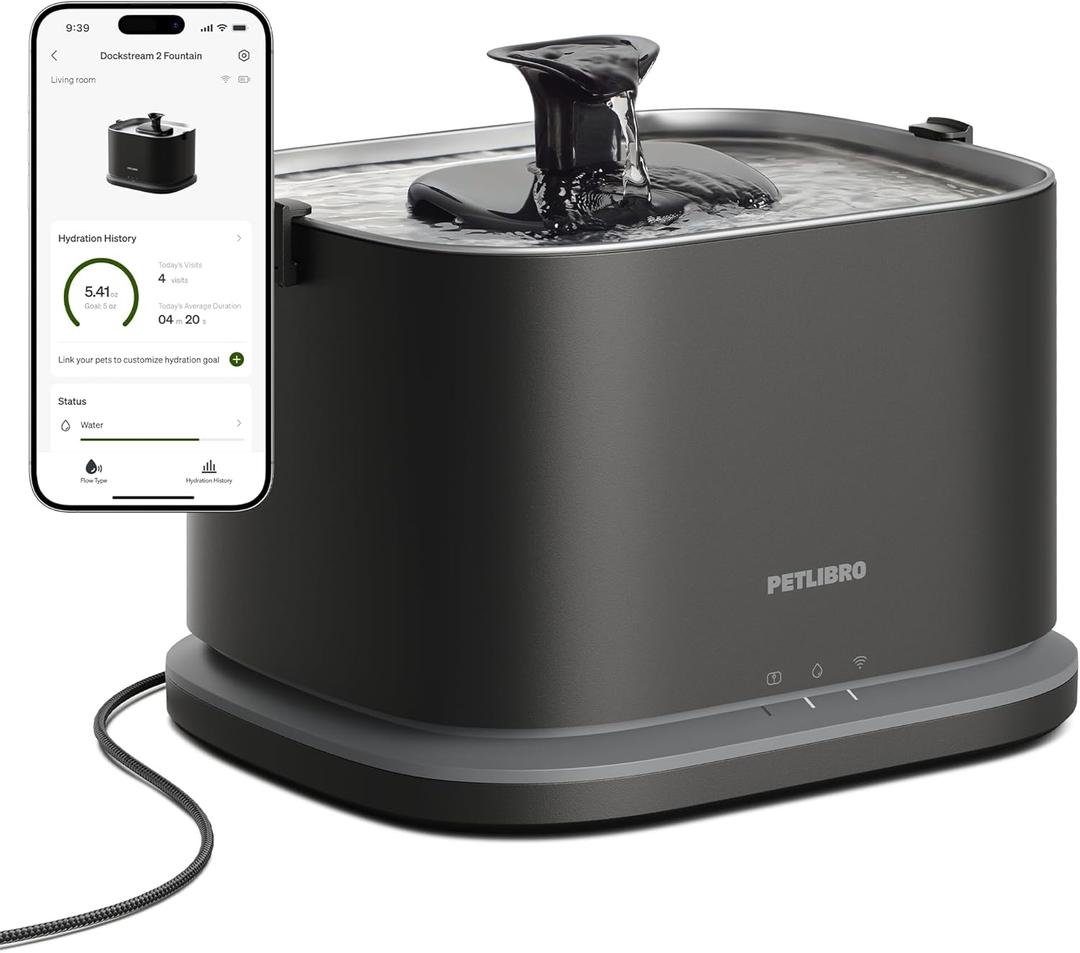 PETLIBRO Upgrade Cat Water Fountain Stainless Steel Tray, Dockstream 2 Cat Fountain Indoor, 3L/101oz Auto Cat Fountains for Drinking, App Monitoring Pet Water Fountain Dog, 5G WiFi Cat Water Dispenser, Black, Fountain, Black, Fountain