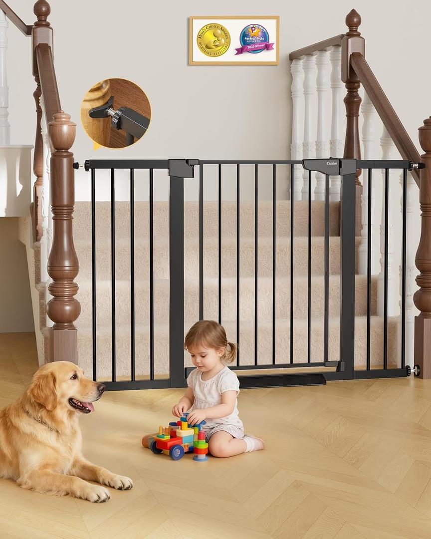 Cumbor 29.7"51.5" Extra Wide Baby Gate for Stairs, Pressure-Mounted Dog Gates for Doorways & Hallways, Auto-Close Walk-Through, No-Trip Design, Child Proof Safety, Dog/Pet Gate for Indoor Use, Black