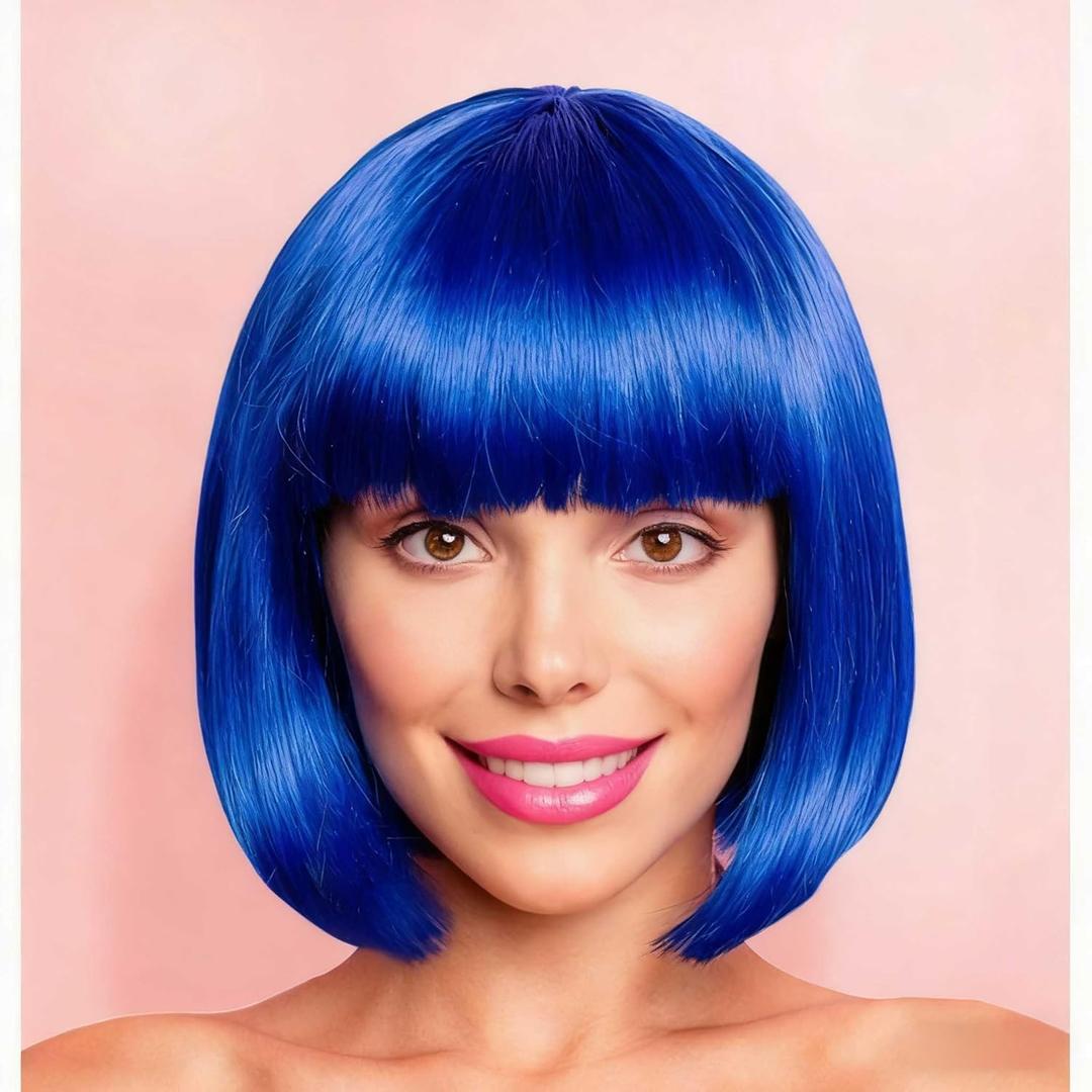 Blue Bob Wig With Bangs 12 Inch Royal Blue Wig Short Synthetic Fiber Bob Wigs for Women Short Bob Wigs and Halloween Cosplay Wig for Daily Life Colorful Wigs With One Cap (Blue)