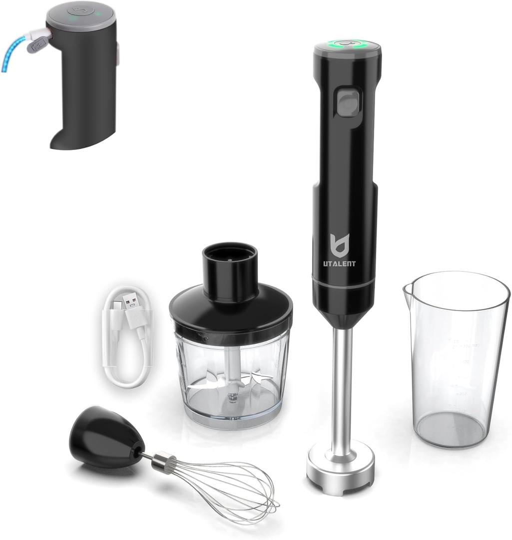 Cordless Hand Blender, UTALENT Variable Speed Immersion Blender Rechargeable, with 500ml Chopper, 600ml container, Egg Whisk, for Smoothies, Baby Food and Soups  Black