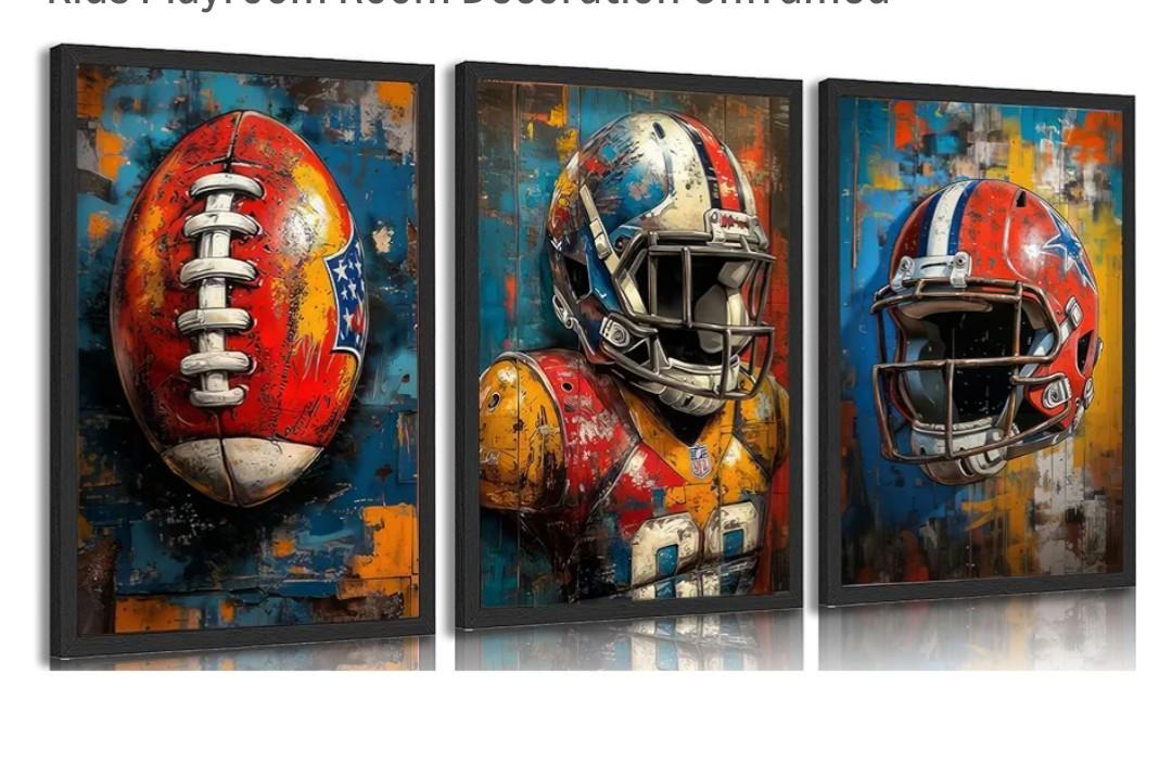 3pcs American Football Canvas Wall Art Cool Graffiti Rugby Posters Prints Paintings Teen Sports Enthusiasts Wall Decor Pictures for Boys Room Teen Kids Playroom Room Decoration Unframed