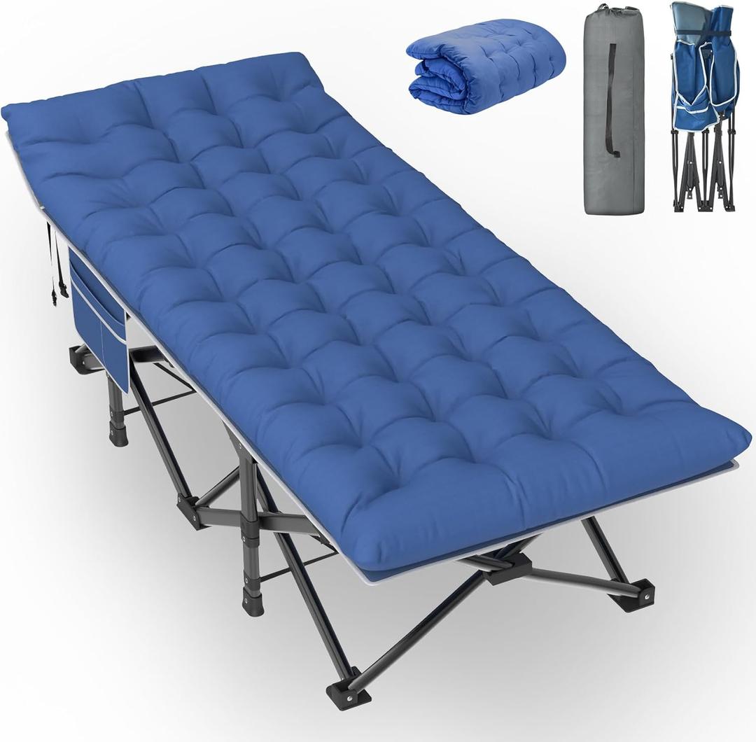 Slendor XXL Camping Cot, Oversized Camping Bed, 79" L x 32" W x 19" H Sleeping Cot with Mattress, Carry Bag, Camp Cot Bed for Travel, Guest, Support 900lbs, Blue Cot+ Blue Pad