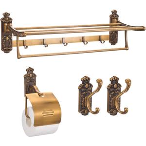 4-Pieces Vintage Bathroom Hardware Set 24 Inch Foldable Wall Mounted Towel Rack with Hooks, Toilet Paper Holder & 2 Wall Hook, Antique Brass Finish, Carving Design for Home, Hotel or Guest Bathroom
