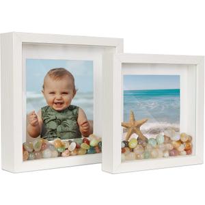 White Shadow Box Frame 8x8 7x7 Square Box Frame with Mat, for 5x5 6x6 Pictures, for Wall and Tabletop Gift for Christmas, New Year, Birthday, Anniversary, Mother's Day, Set of 2