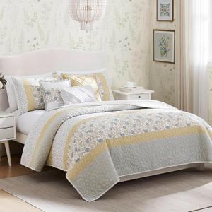 Madison Park 100% Cotton Quilt Set Floral Print, Double Sided Stitching, All Season, Lightweight Coverlet Shabby Chic Bedding Layer, Matching Shams, King/Cal King, Yellow 6 Piece