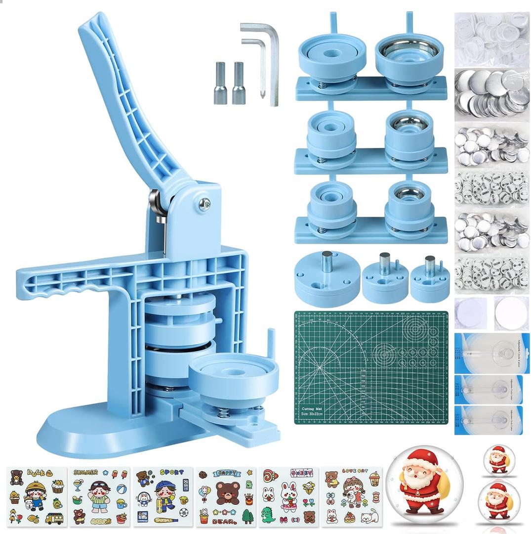 Button Maker Machine Multiple Sizes 1+1.25+2.25inch(4th Gen), DIY Button Pin Maker Machine Kit, Badge Press Machine with 300PCS 25+32+58mm Button Making Supplies& Cutting Mat & Circle Cutter