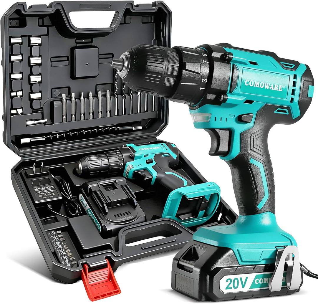 COMOWARE 20V Cordless Drill, Electric Power Drill Set with 1 Battery & Charger, 3/8” Keyless Chuck, 2 Variable Speed, 266 In-lb Torque, 25+1 Position and 34pcs Drill/Driver Bits