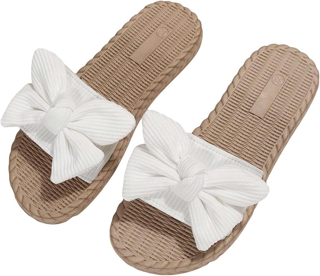 Verdusa Women's Bow Knot Flat Sandals Open Toe Slides Leather Summer Slippers (7, White Rib)