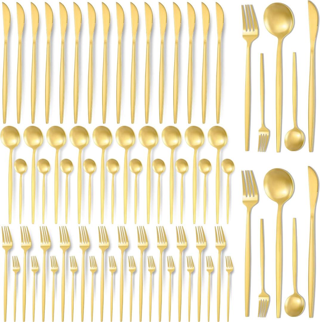 60 Pieces Stainless Steel Tableware Set Silverware Set Flatware Cutlery Utensils Spoon Fork Knives Service for 12 for Home Restaurant Apartment and Kitchens (Gold)