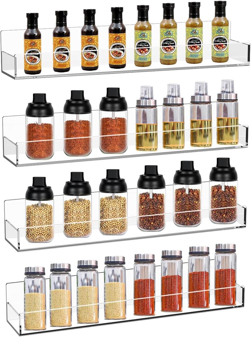 Clear Acrylic Spice Rack Wall Mounted 15 inch Floating Shelf with Removable End Guards for Kitchen Cabinet Door Cupboard Bathroom Holds Jars Nail Polish Books Toiletries (4 PCS) (Transprent)
