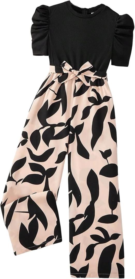 WDIRARA Girls's Casual Graphic Puff Sleeve Bow Belted Wide Leg Jumpsuit Black, 12Y