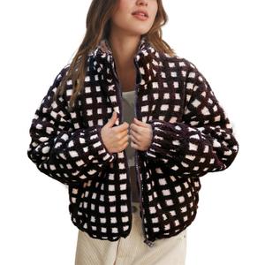 Womens Checkered Sherpa Jacket Cropped Long Sleeve Plaid Fleece Coats Casual Zip Up Gingham Outwear with Pockets, XL