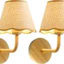 Set of Two Stick-On Hand Woven Wall Sconces, Battery Operated Wireless Wall Sconces with Remote Controlled, Adjustable Brightness Living Room Wall Decor(E26 Bulb Included)