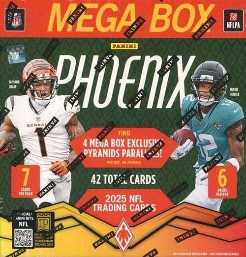 2025 Panini PHOENIX Football HUGE Factory Sealed MEGA Box with (4) EXCLUSIVE PYRAMID PARALLELS, (6) ROOKIES & (6) INSERTS! Look for Jaxson Dart, Travis Hunter, Ashton Jeanty, Cam Ward & More!