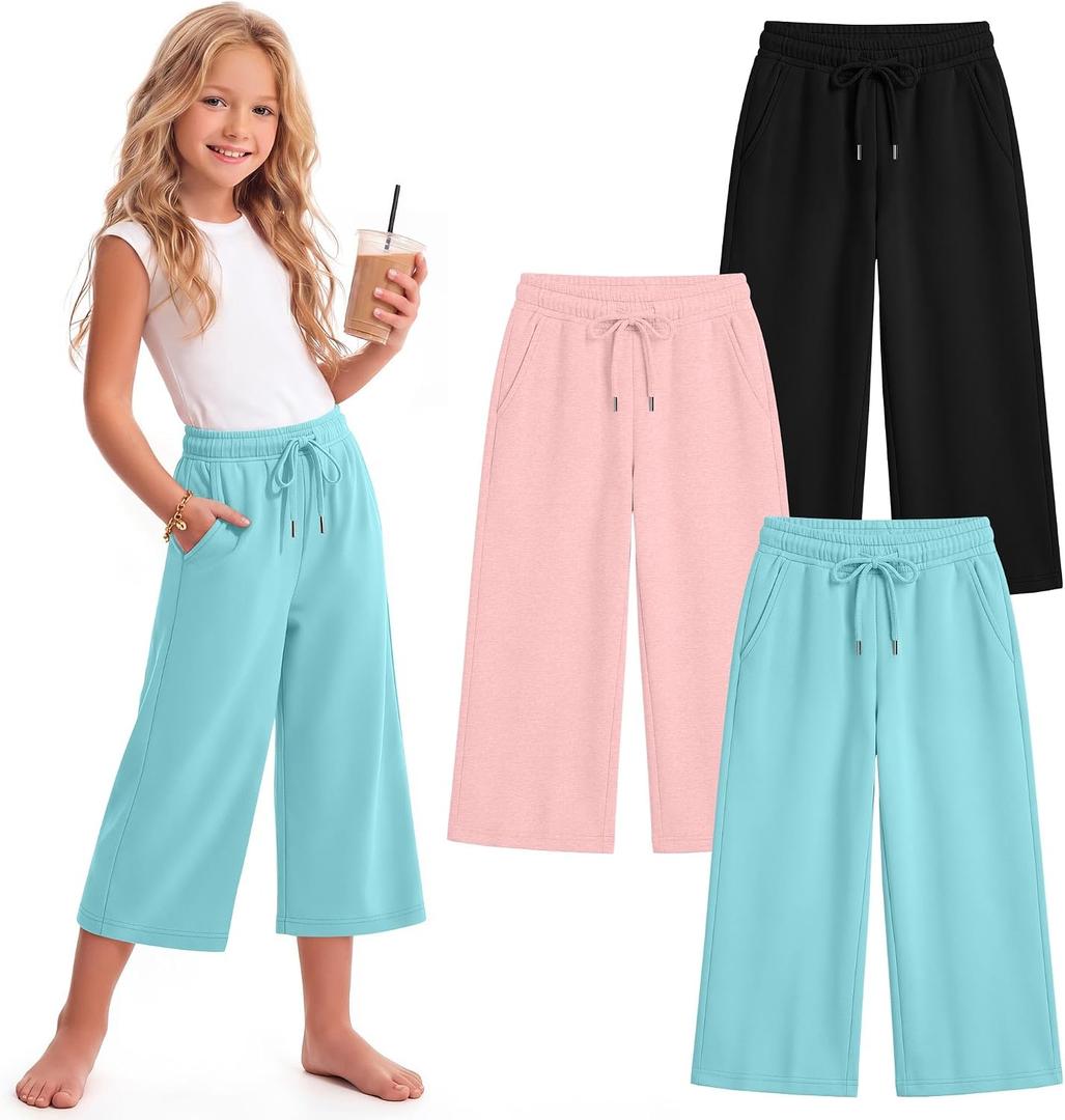 3 Pack Girls Capri Pants Kids Wide Leg Sweatpants Casual Elastic Waist Drawstring Summer with Pockets 5-16Y