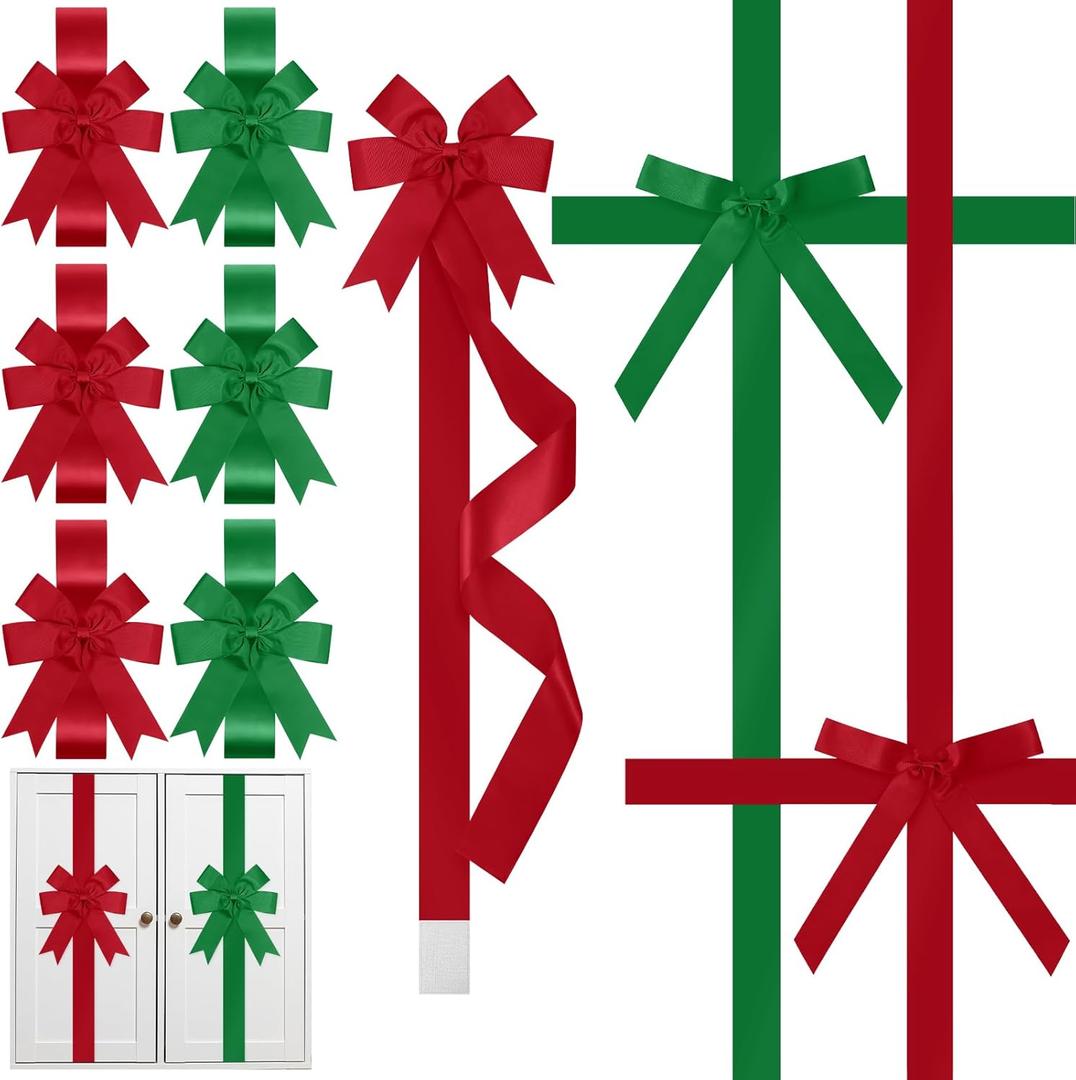 Crowye 14 Pcs Christmas Cabinet Bow for Kitchen Door Ribbon Bow Christmas Wreath Door Bows Festival Wrapping Decorations for Tree Kitchen Fireplace Home Front Party(Red & Green,Satin)