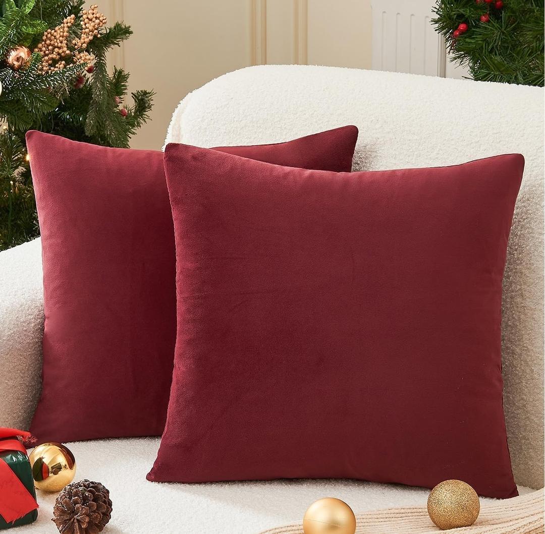 Christmas Burgundy Pillow Covers Set of 2 18x18 Inch Throw Pillow Covers, Soft Velvet Xmas Wine Red Decorative Pillow Covers for Couch Sofa Bed Living Room, Home Modern Decor