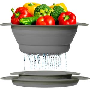Ultimate Kitchen Strainers Set of 2 - Collapsible Silicone Colanders For Easy Storage by Comfify - Use with Pasta & Veggies or as a Fruit or Berry Bowl with Strainer - Irreplaceable for Campers - Gray