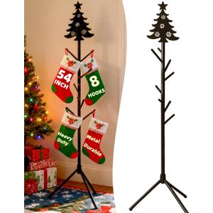 Christmas Stocking Holder Stand & 8 Hooks, 54 Inch Metal Coat Rack & Christmas Tree Decorations, Freestanding Clothes Tree with Antiskid Triangular Base, Gifts Hallstand for Indoor and Outdoor