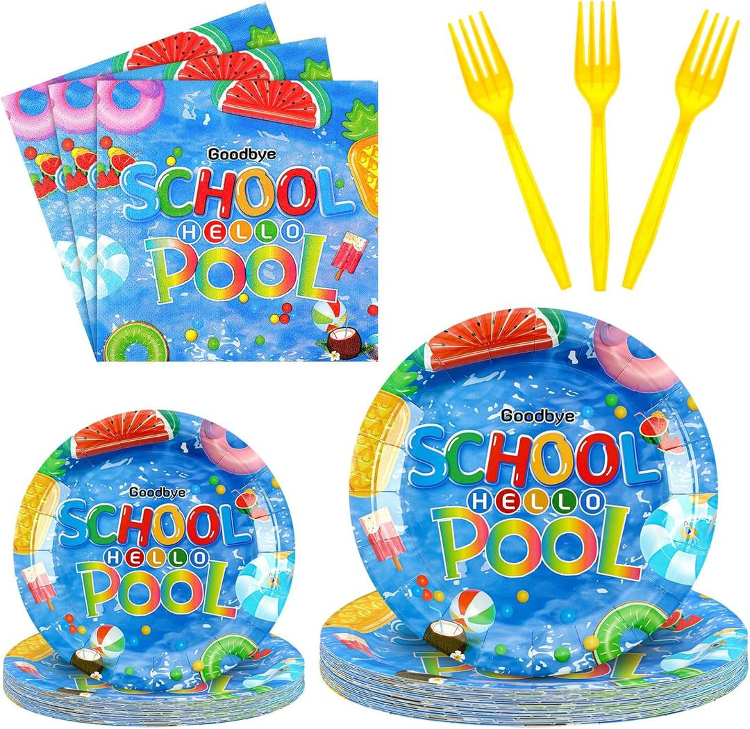 Sunnyray 96 Pieces Goodbye School Hello Pool Party Supplies Summer Pool Party Tableware Set End of School Year Summer Vacation Plates Napkins Forks for 24 Guests