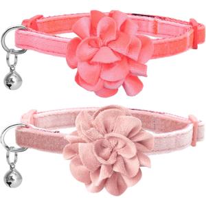 azuza 2 Pack Cat Collar Floral with Bell and Removable Flower Bowtie Breakaway Adjustable Velvet Fabric Cat Collar for Pets and Daily Decoration, Light Pink & Dark Pink (Neck: 8"-12")