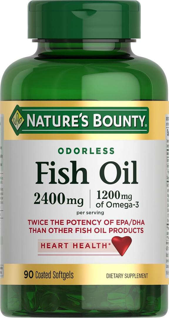 Nature's Bounty Odorless Fish Oil, 1200mg Omega-3 per Serving Including EPA & DHA, Supports Heart Health, Purified to Eliminate Mercury, Coated Softgels, Gluten Free, No Shellfish, 90 Ct (EXP 01/01/29)