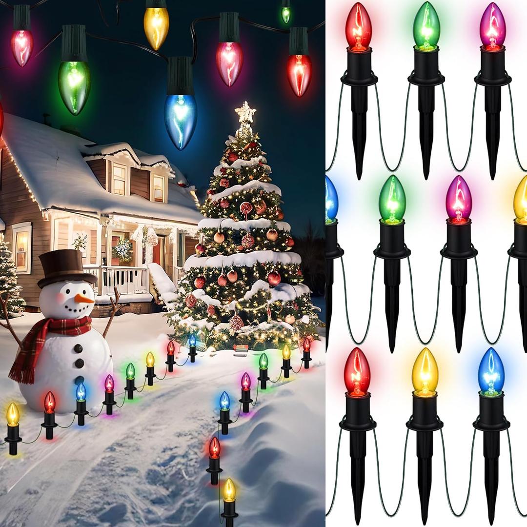 TIORIY Christmas Lights Outdoor 20 Pathway Lights - 24.2ft Multicolor Walkway Light with Stakes, C9 Driveway Light for Outside Yard Garden, Extendable for Xmas Holiday Decorations, 20 Lights