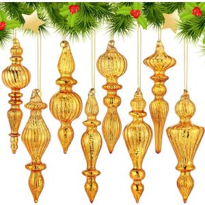 Mifoci 8 Pcs 6 Inch Mercury Glass Finial Christmas Ornaments Hanging Christmas Finials Glass Ornaments Assorted Mercury Decor for Vintage Holiday Xmas Tree Decoration(Gold)