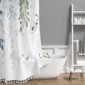 AOFOTO Botanical Leaves Tassel Shower Curtains, Blue and Green Leaves Eucalyptus Shower Curtain with Tassels Abstract Art Rustic Home Decor Bath Curtain for Bathroom with Hooks Waterproof 48x72 Inch