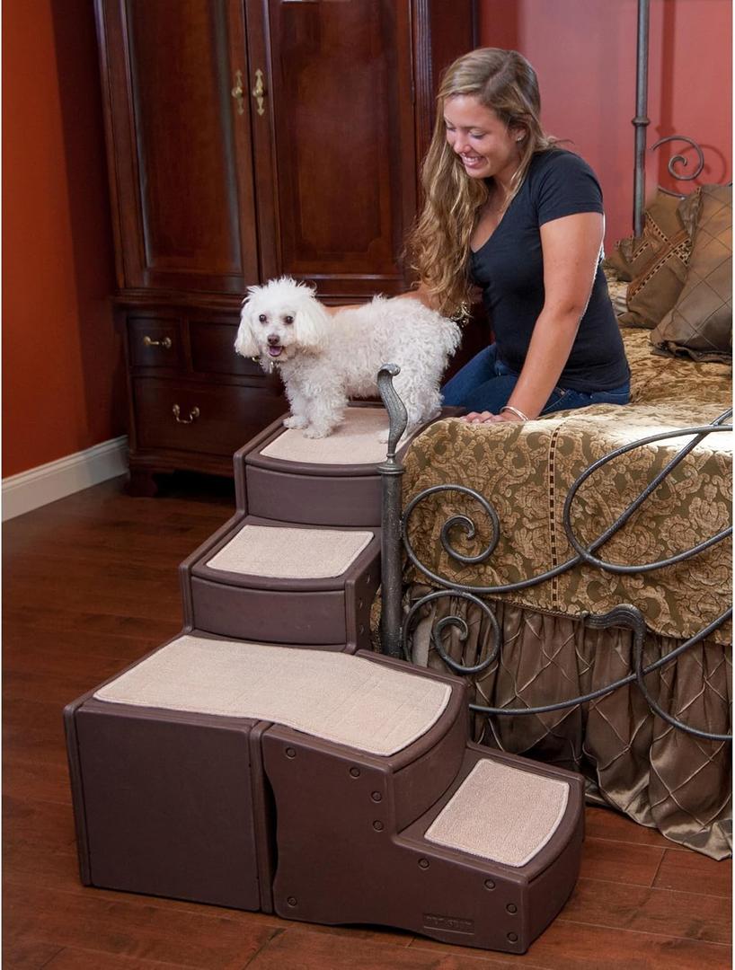 Pet Gear Easy Step Bed Stair for Cats/Dogs, Adjusts to Either Side of Bed, Removable Washable Carpet Treads, Storage Compartment, for Pets Up to 75lbs, Espresso