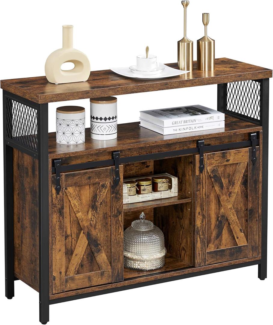 VASAGLE Buffet Cabinet, Coffee Bar Storage Cabinet, Sideboard with 2 Sliding Barn Doors, Adjustable Shelves, 13 x 39.4 x 31.5 Inches, for Living Room, Rustic Brown and Ink Black ULSC092B01