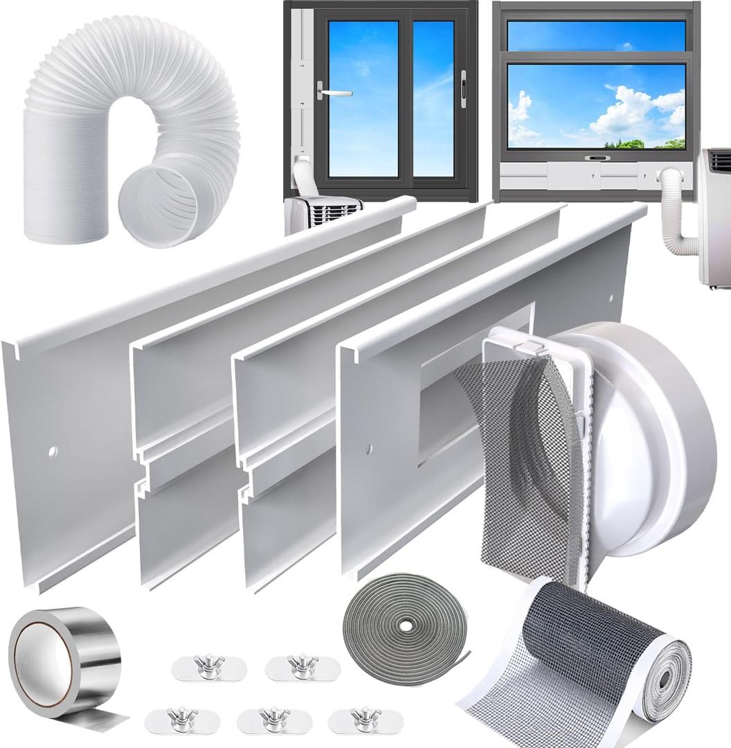 Portable AC Window Vent Kit With 5.9"Hose,26-62"Adjustable with Universal Coupler Filter Screen & 2 Weather Strippings Fit for LG/Hisense etc Portable ac Vertical/Horizontal Sliding Window Seal Kit