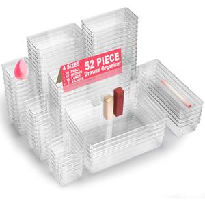 52-Piece Clear Plastic Drawer Organizers Set - 4 Sizes Bathroom & Dresser Storage Bins, Stackable Kitchen Desk Organizer Trays for Makeup, Jewelry, Utensils, Junk, Gadgets