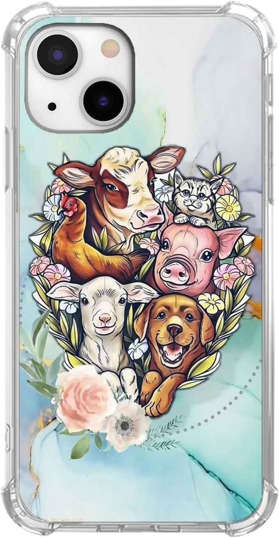 Farm Animals Case for iPhone 14,Cute Dog Cow Cat Sheep Pig Collage Pattern for Boys Girls,Trendy Cool Soft TPU Bumper Cover for iPhone 14