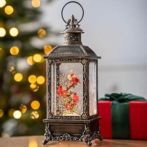 Christmas Snow Globe Water Glittering Cardinal Lantern with Music & Timer, USB Lined/ Battery Operated Lighted Lantern for Christmas Festival Decoration Gifts