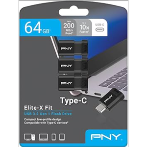 64GB PNY Elite-X Fit Type-C USB 3.2 Flash Drive – Up to 200MB/s Read, Advanced Performance, Convenient Portable Data Storage, Ultra Compact Fit Design, Type-C Connector, 3-Pack
