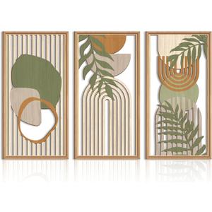 IARTTOP Large Boho Wood Wall Art Framed Mid-century Modern Wooden Wall Decor Set of 3 Green Bohemian Abstract Wall Art Decor For Bedroom Living Room Office-16 x32